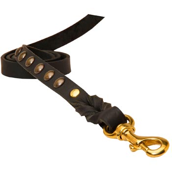 Leather Dog Leash Studded Equipped with Strong Brass Snap Hook for American Bulldog