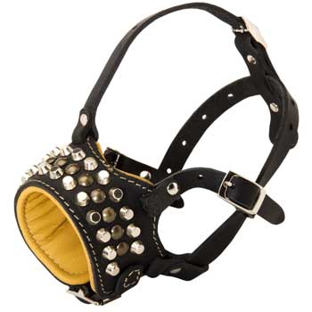 Adjustable Leather American Bulldog Muzzle with Studs for Walking Dog 